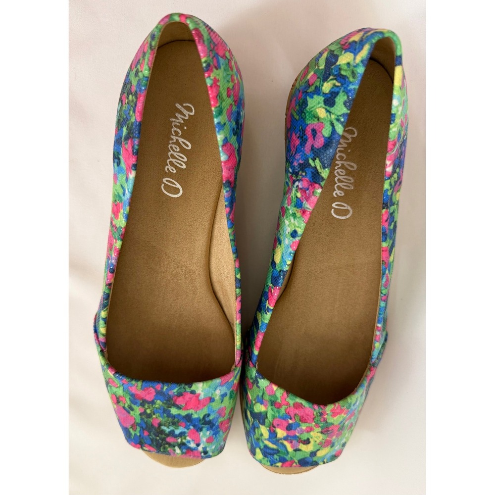 Michelle D Ellena Floral Peep Toe Wedge Sandals Shoe Multi Color Cork Heel 9.5 M
